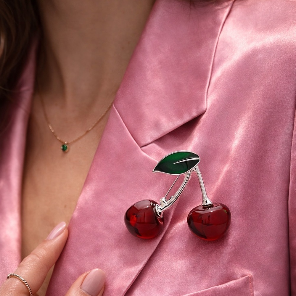 Romantic Red Cherry Silver Brooch